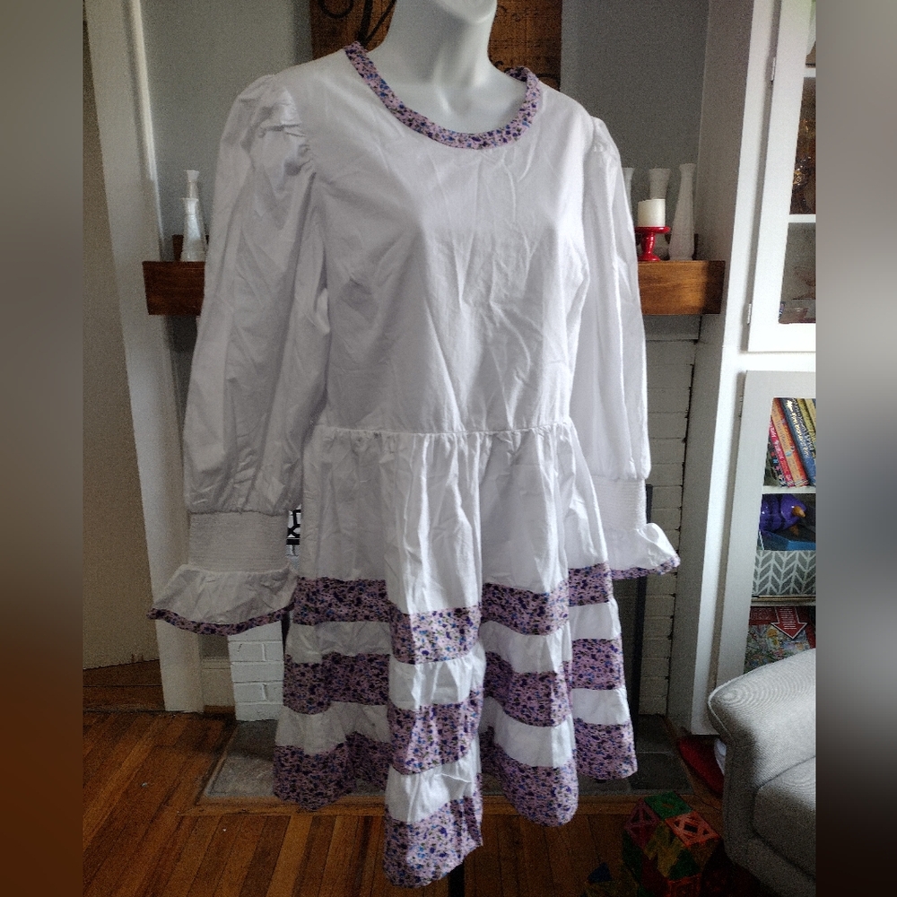 Pomander Place White Dress with Lavender Floral Trim